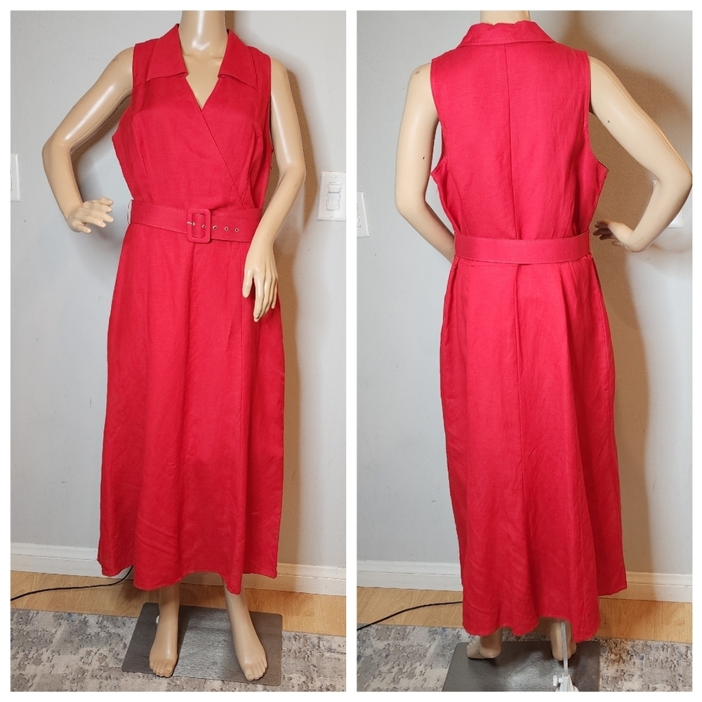 Vintage Red Linen Maxi Dress Plaza South Petite Size 12 Sleeveless Belted.